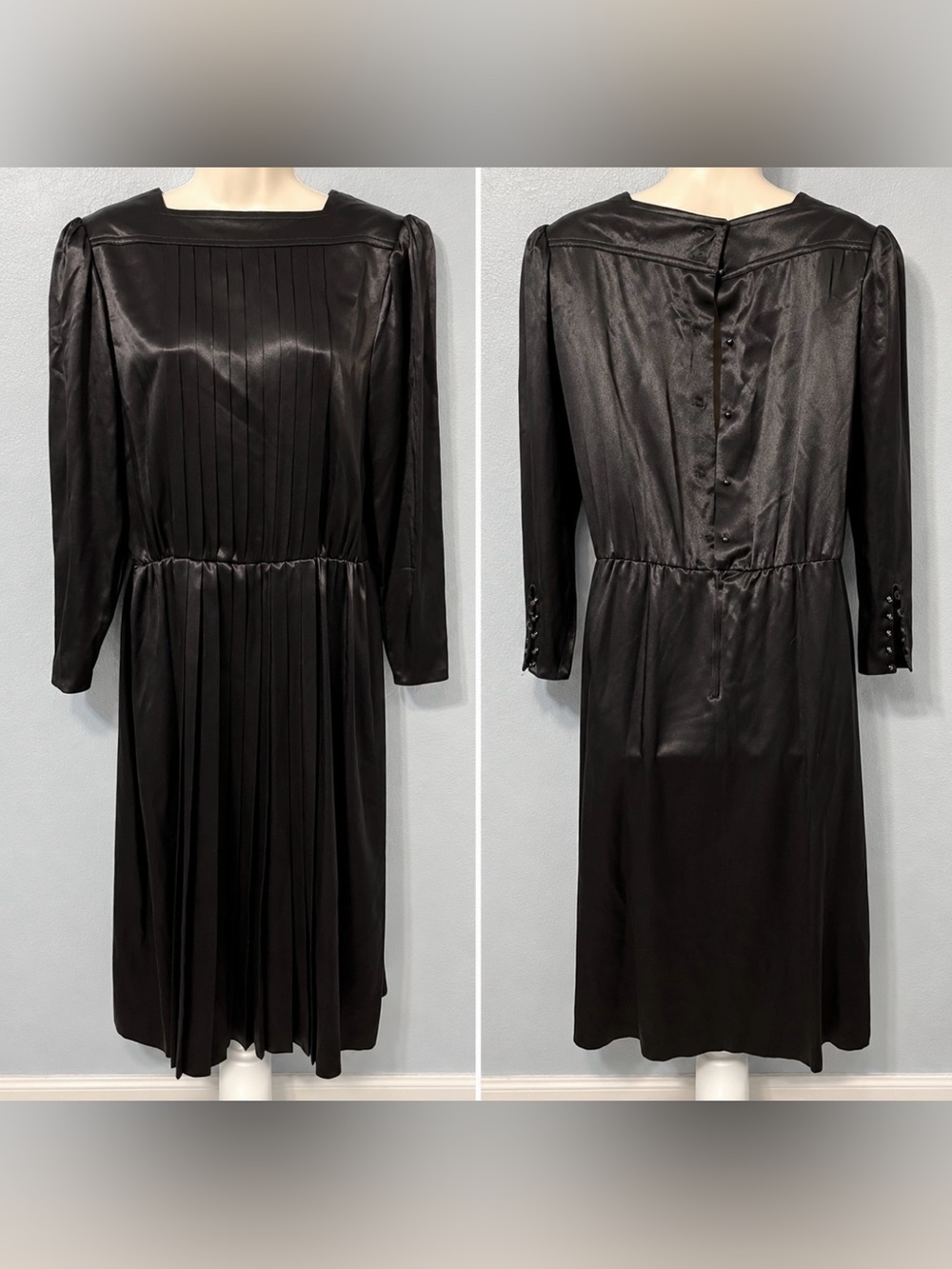 Vtg Nipon Boutique Black Satin Pleated Midi Dress Long Sleeve LBD 90s Size 10